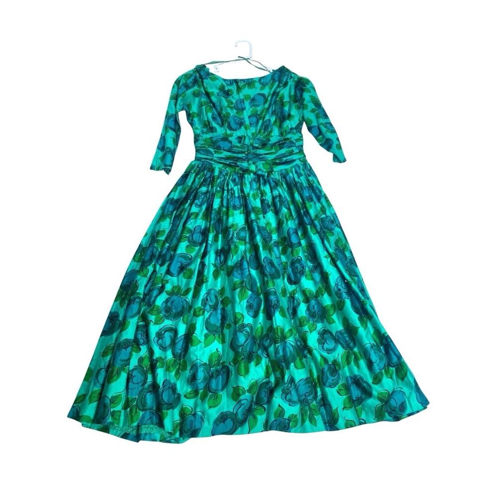 Vtg 50s Teal Blue Watercolor Floral Day Dress Fit Flare Garden Tea Party Small‎ - Picture 4 of 13